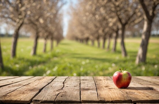 Wooden tabletop and apple, with blurred apple orchard background