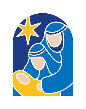 recommend clip art: Color Christmas Vector Christian icon baby Jesus with Mary and Joseph with star. Religious Nativity Scene of Logo illustration. Doodle hand drawn art for web, greeting card, invitation