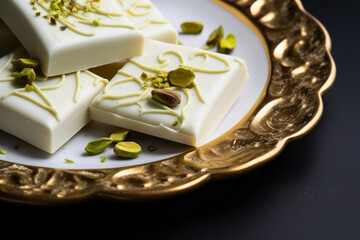  Luxury, fine white chocolate with pistachio on a plate close up