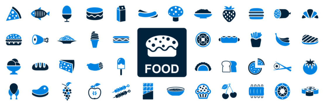 Food Set Icons For Menu, Ready Meals Signs, Fruits And Vegetables, Fish And Meat, Dish Infographics Design Elements – Stock Vector