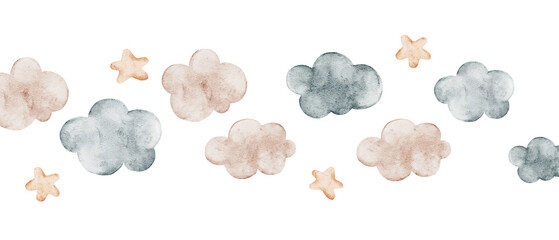 Border of watercolor clouds and stars. Perfect for prints, packaging, poster, clothes, postcards, baby shower, fabric, décor for a baby's bedroom. Hand drawn illustrations.