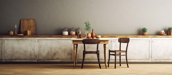 The vintage wood table in the kitchen adds a touch of nostalgia to the interior design of the room while the white walls and textured background create a clean and inviting space for food a