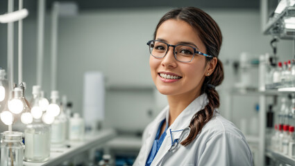 Portrait of a girl laboratory assistant in glasses
