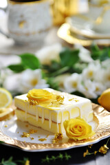 Obraz na płótnie Canvas Luxury, fine white chocolate with lemon on a plate close up