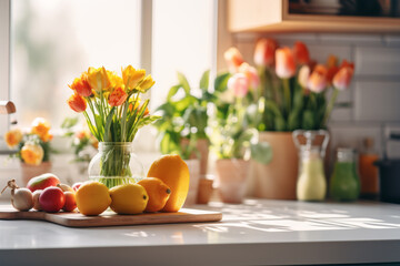 Obraz na płótnie Canvas Fresh organically grown citrus fruits and colorful flowers in a glass vase on a cutting board in the kitchen. Bright light from the window. Concept for happy home and happy family health 