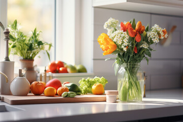 Fresh organically grown citrus fruits and colorful flowers in a glass vase on a cutting board in the kitchen. Bright light from the window. Concept for happy home and happy family health