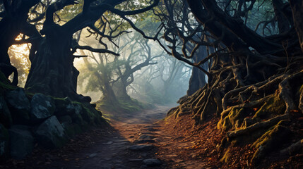 Trail through a mysterious dark old forest in fog.