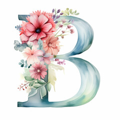 Watercolor letter B decorated with colorful flowers