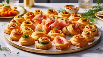 Fototapeta premium a platter of delicate puff pastry hors d'oeuvres, filled with savory ingredients like creamy cheese, smoked salmon, or roasted vegetables