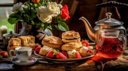 Obraz na płótnie Canvas a rustic afternoon tea setting, with a tiered tray filled with freshly baked scones, accompanied by clotted cream and strawberry jam