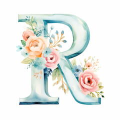 Watercolor letter R decorated with colorful flowers
