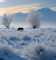 Naklejka premium Serene Dawn: Horses in a Winter Wonderland