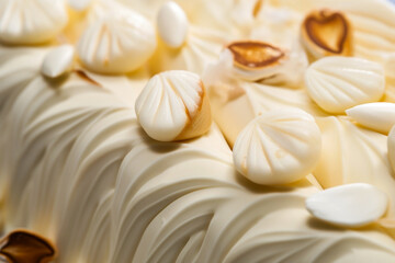 Luxury, fine white chocolate with almonds on a plate close up