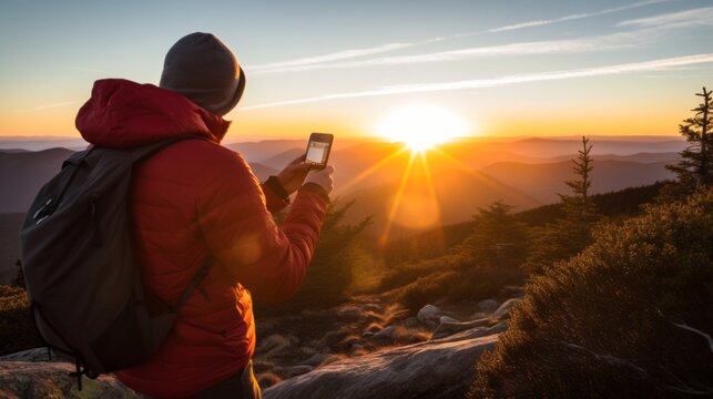 Attractive Active Sport Traveller In Jacket Hand Using Smartphone Taking Photo Of Sunrise On A Mountain Forest Peak Nature Environment Landscape Male Hiking Take Photo On Top Of Hill Morning