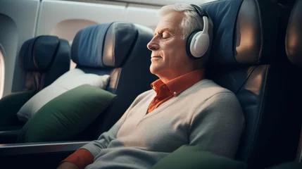 Papier Peint photo Ancien avion old senior pension mature adult male man taking a nap sleeping during air travel in plane cosy comfort traveller concept