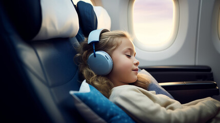 cute little girl sleeping with her toy puppy on airplane seat cosy comfort travel concept