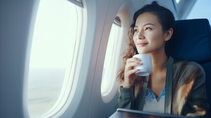 Happy asian female passenger drinking coffee and smiling looking at window view while female flight attendant serving lunch on board. Travel, service, transportation, airplane concept - obrazy, fototapety, plakaty