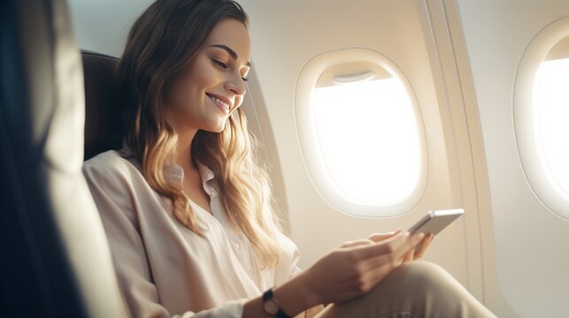 businesswoman using laptop computer manage working schedule online meeting on a plane business travelling ideas concept - Powered by Adobe