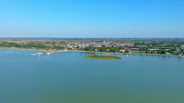 Podersdorf Lighthouse And Coastal Town In Neusiedl am See, Austria. Aerial Wide Shot
