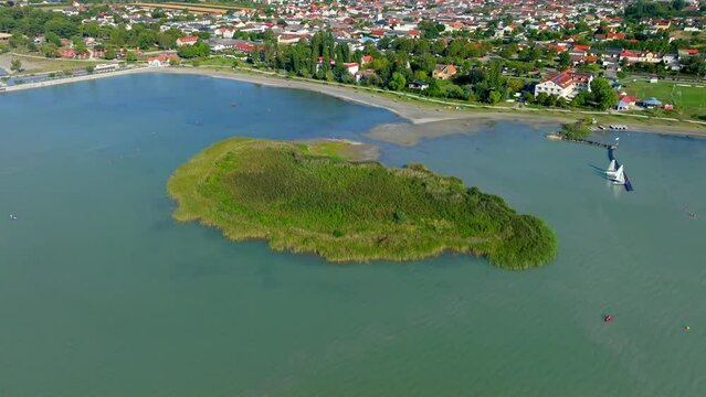 Small Island In The Seaside Town In Neusiedl am See, Austria. Aerial Drone Shot