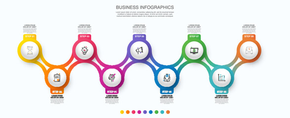 Vector timeline infographics template with nine circles and options. Blank space for web, infographic, diagram, business, digital network, flowchart, presentations