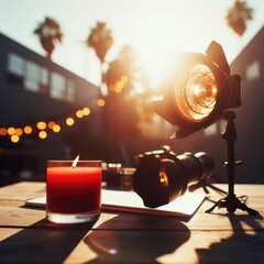 burning red candle on a wooden table background for social media proects 