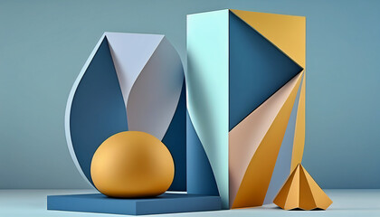 Pedestal with abstract geometric shape in pastel blue and gold.