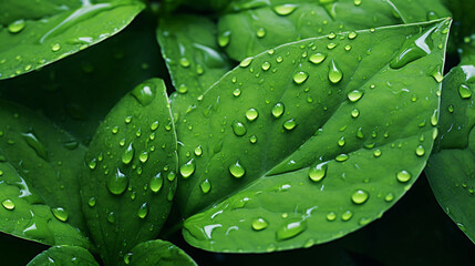 Green leaves with water drops close up. Natural background