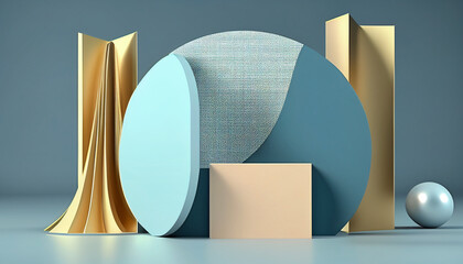 Pedestal with abstract geometric shape in pastel blue and gold.