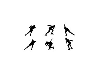 Set of Women Speed Skaters Silhouette in various poses isolated on white background