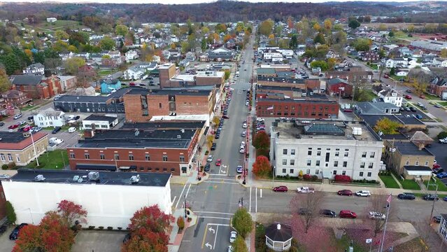 Logan, Ohio, aerial drone footage of the downtown and surrouding town. Hocking County Courthouse, aerial drone.
