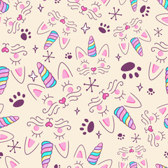 Rainbow Unicorn Cats face Vector Seamless Pattern