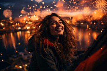 Portrait of happy people enjoying and celebrating new year, watching fireworks festival at night