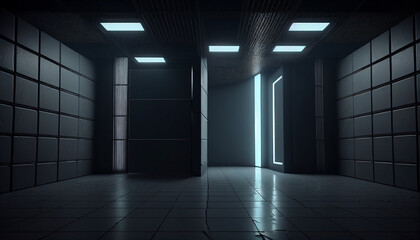 Background of an empty dark room with a modern futuristic sci-fi theme.