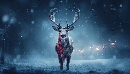 christmas deer in the night looking forward  in snowy night of christmas  - obrazy, fototapety, plakaty