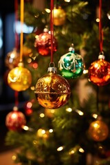 Fototapeta na wymiar New Year's background. Christmas tree toys hang on a ribbon 