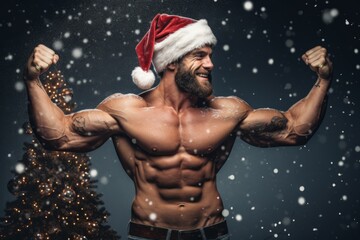 Christmas Celebration with a Twist: A Fit Man with Holiday-Themed Tattoos in a Snowy Studio Setting
