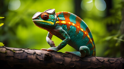 Colorful Chameleon on a Forest Branch
