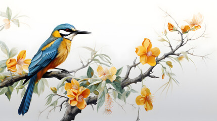 Kingfisher Bird Perched on Blossoming Branch in Traditional Art Style
