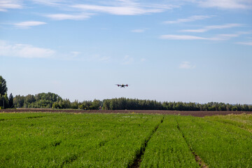 Fototapeta na wymiar Agriculture drone fly to sprayed fertilizer on the fields. Industrial agriculture and smart farming
