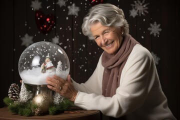 Naklejka premium A nostalgic elderly lady holding a cherished snow globe amidst a dreamy white Christmas studio setup