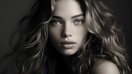 Naklejka premium Monochrome Portrait of a Young Woman with Curly Hair