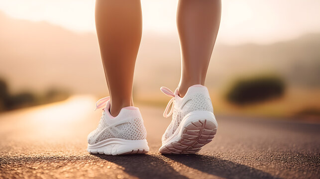 Closeup of White Running Shoes on Road at Sunset with Soft Focus Background
