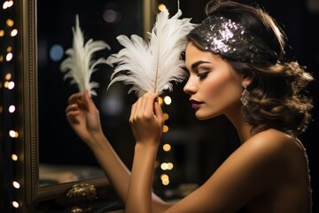 An elegant woman fine-tuning her sparkly festive headpiece in the mirror for a New Year's Eve party