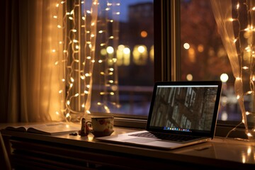 A Cozy Office Setting Illuminated by the Soft Glow of Christmas Lights Strung Across the Window