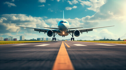 Airplane on the runway, front view. View of a landing plane from the runway. Airplanes fly along...