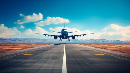 Airplane on the runway, front view. View of a landing plane from the runway. Airplanes fly along...