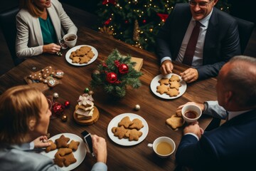 Corporate Team Strategizing for the New Year Over Christmas Cookies and Coffee