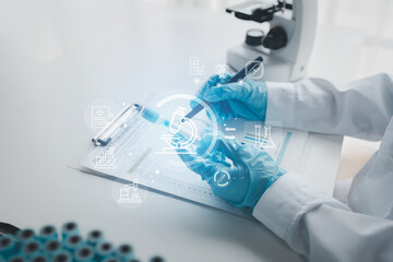 Chemist taking notes on research data, Scientist is working in the laboratory, Chemist is analyzing experimental results and taking notes in the laboratory, lab idea.