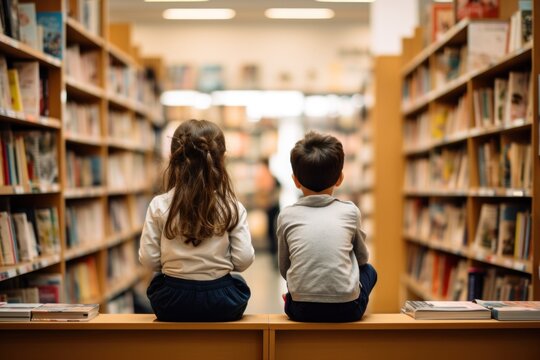 Two children sitting in a bookstore, looking at shelves filled with books, and talking about the books. Reading on the library. Education and back to school concept.